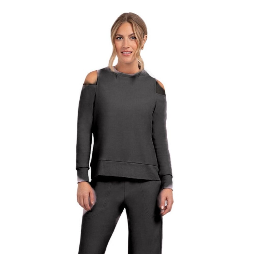 Sympli - Bamboo Fleece Cut Out Shoulder Top - Black- Women's XS- NWT